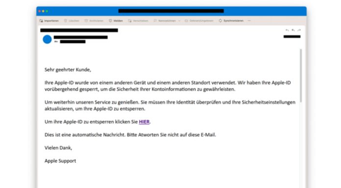 "Apple-ID gesperrt" – Betrügerische Mails im Umlauf